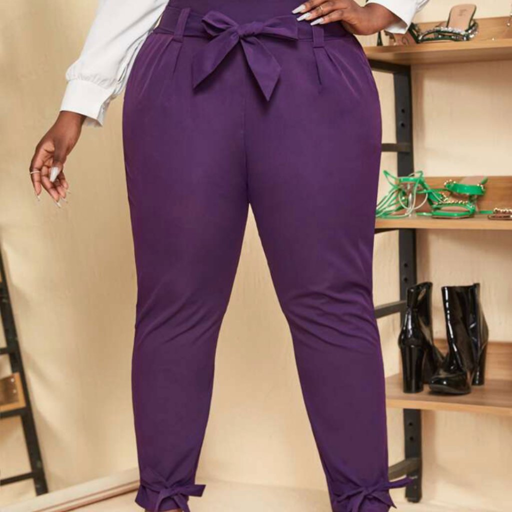 Tie Hem Purple Belted Pants Plus Size